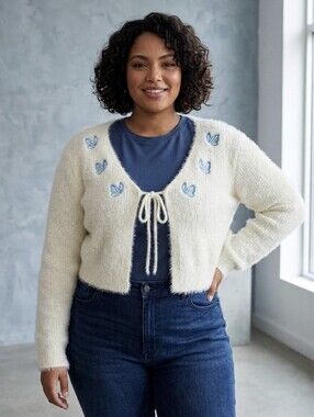 SHEIN Cream Fuzzy Front Tie Crop Butterfly Cardigan Sweater Y2K Coquette, 3X
